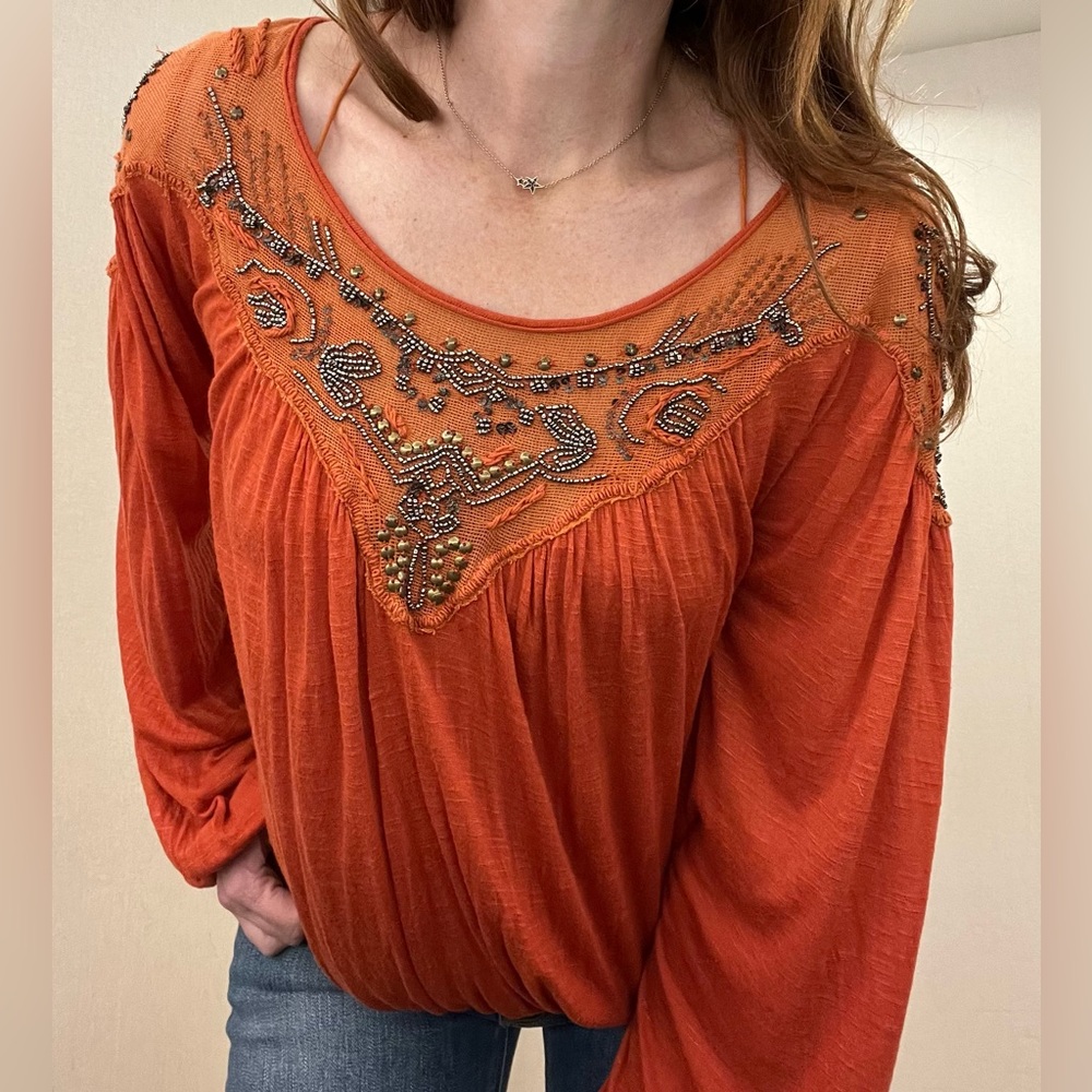 Free People embroidered orange blouse Size S Boho style.